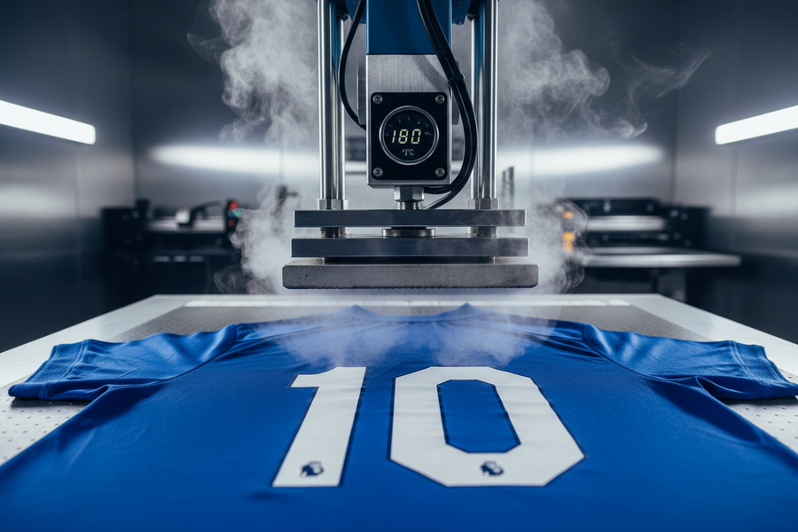 Heat press applying a white number 10 to a blue football shirt