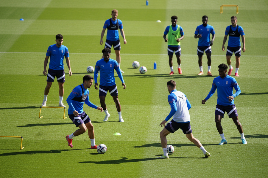 Football squad training in matching blue kit on a grass pitch