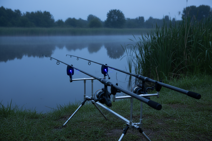 Three rods on a pod with bite alarms lit blue beside a misty lake at dusk