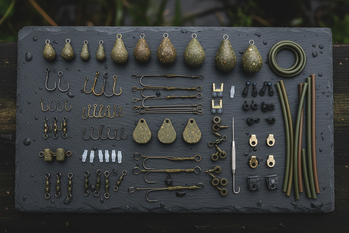 A set of carp and coarse terminal tackle laid out in rows on slate: leads, hooks, swivels, clips and tubing