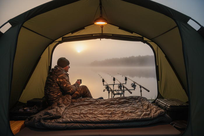 An angler sitting on a bedchair inside a bivvy at dawn, looking out at the rods on the lake