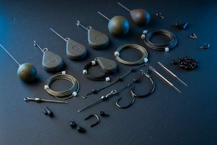 Carp terminal tackle on slate: flat pear leads, coated hooklink, hooks, swivels and beads