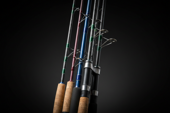 Four assembled fishing rods with cork handles standing together against a dark background