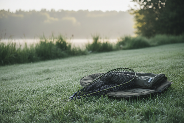 A landing net, unhooking mat and weigh sling laid on dewy grass by the water