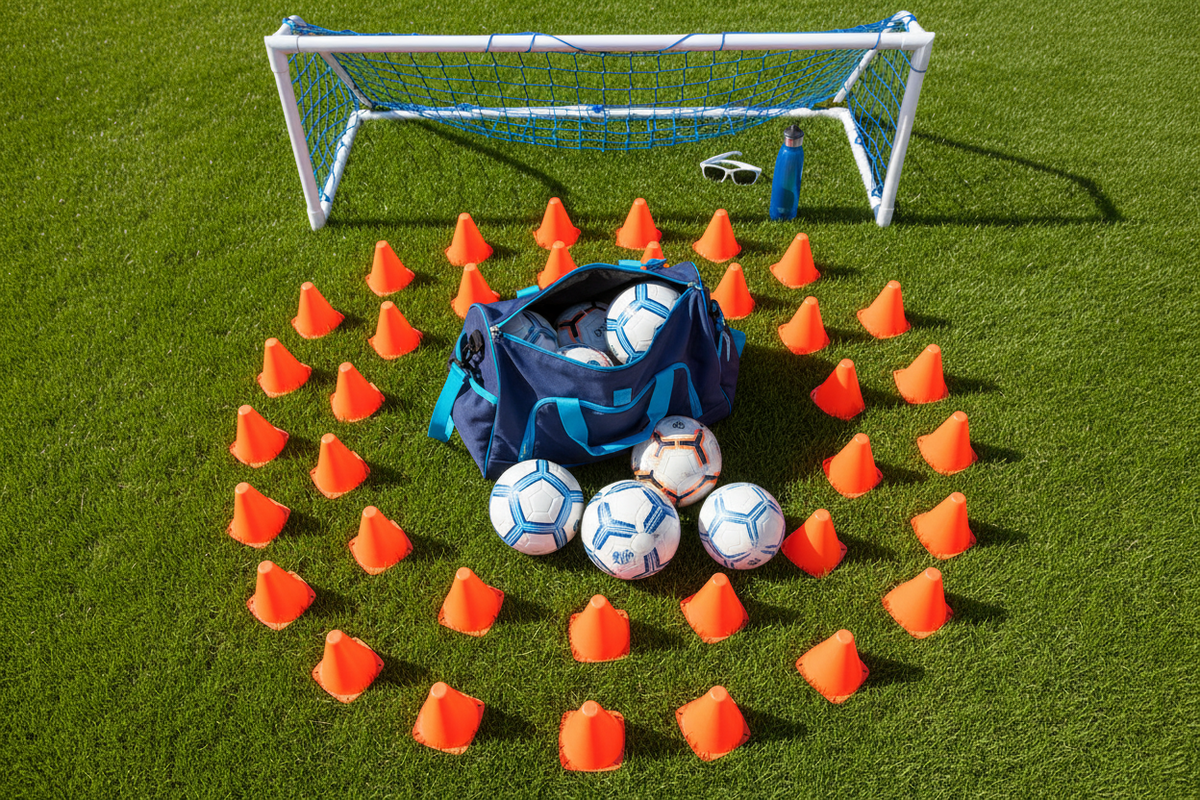 Footballs, training cones, a goal and a kit bag laid out on a grass pitch