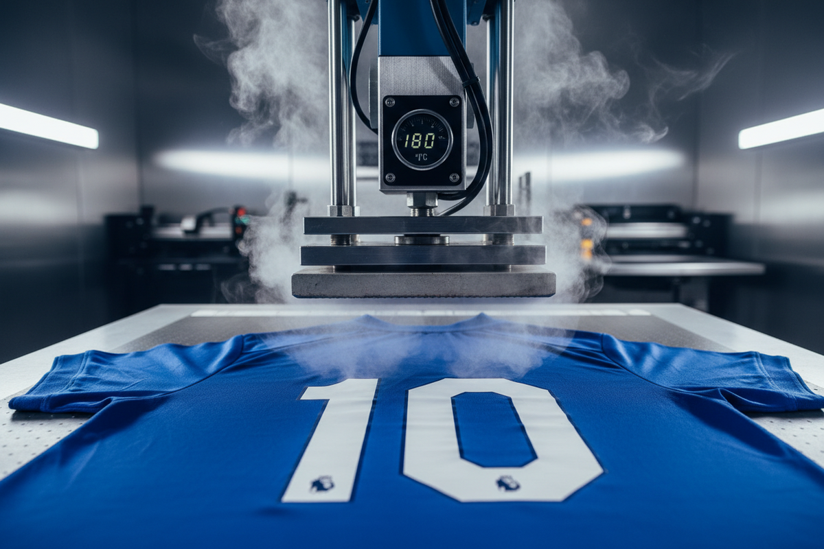 Heat press applying a white number 10 to a blue football shirt