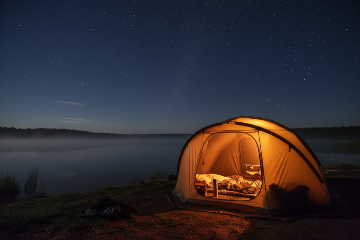 A bivvy glowing from a light inside, pitched by a lake under a starry night sky