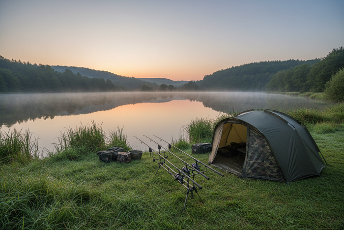 A green bivvy pitched on the bank of a still lake at sunrise, rods set up beside it