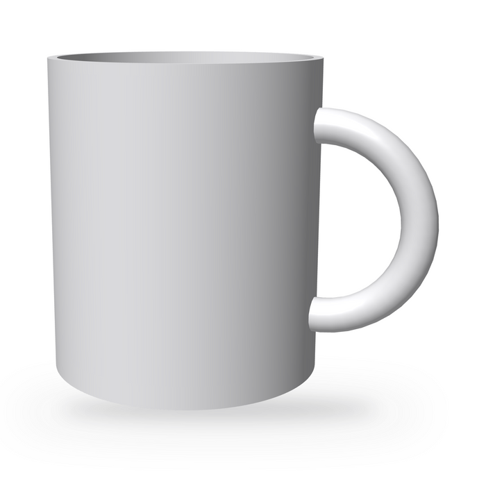 Blank white 11oz ceramic mug, handle on the right, ready to be personalised